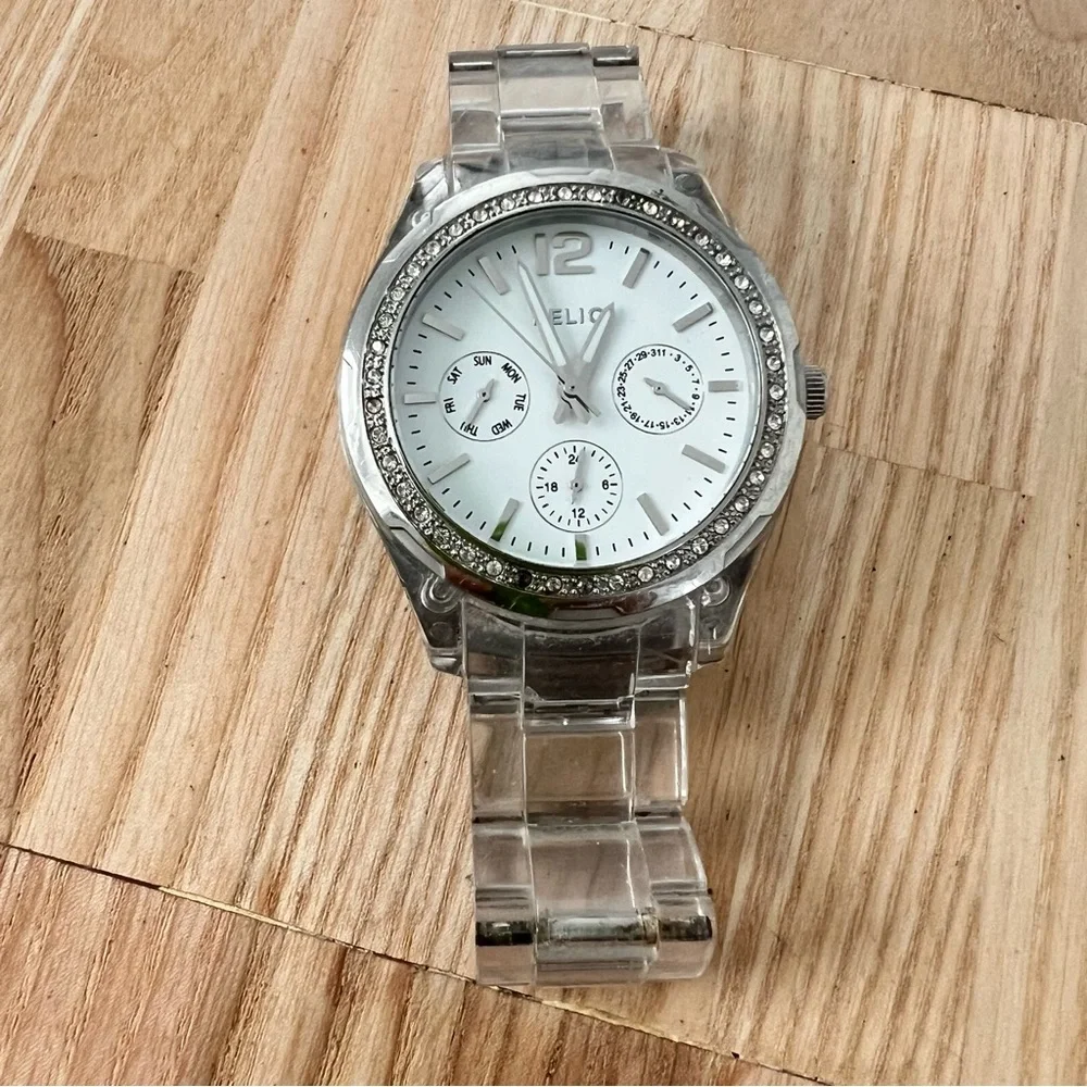 Relic ladies silver tone clear links fashion watch NEW BATTERY